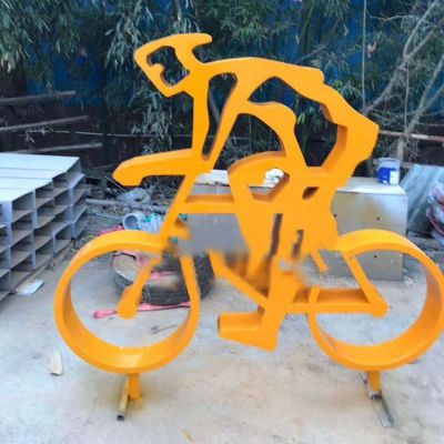 体育公园摆放不锈钢剪影镂空骑自行车运动人物雕塑