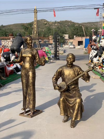 玻璃钢仿铜民俗音乐弹唱人物情景雕塑弹雕塑