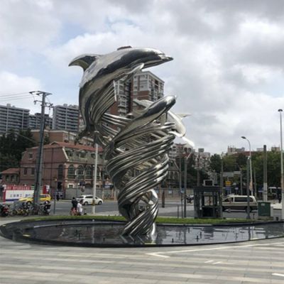 不锈钢海豚旋转游泳雕塑城市广场喷泉水景摆件