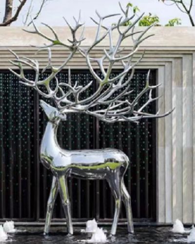 广场大型不锈钢镜面抽象梅花鹿雕塑