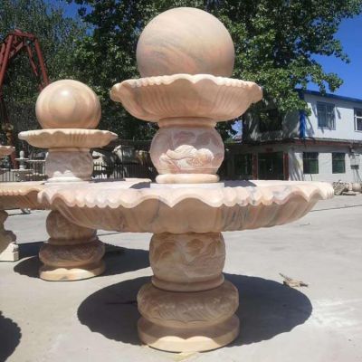 晚霞红大理石石雕户外园林景观风水球喷泉雕塑