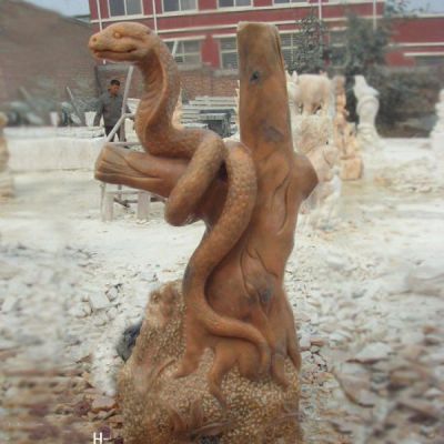 晚霞红大理石石雕十二生肖蛇雕塑