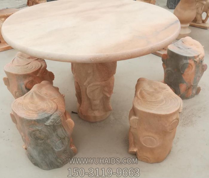 晚霞红仿木公园圆形桌凳石雕雕塑