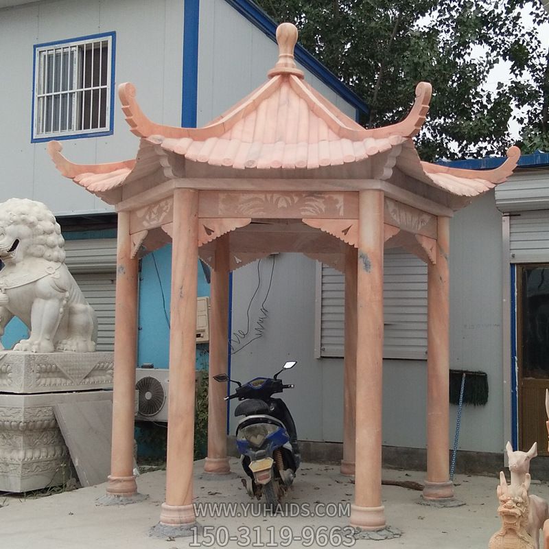 花园草坪摆放大理石晚霞红六角仿古建凉亭雕塑