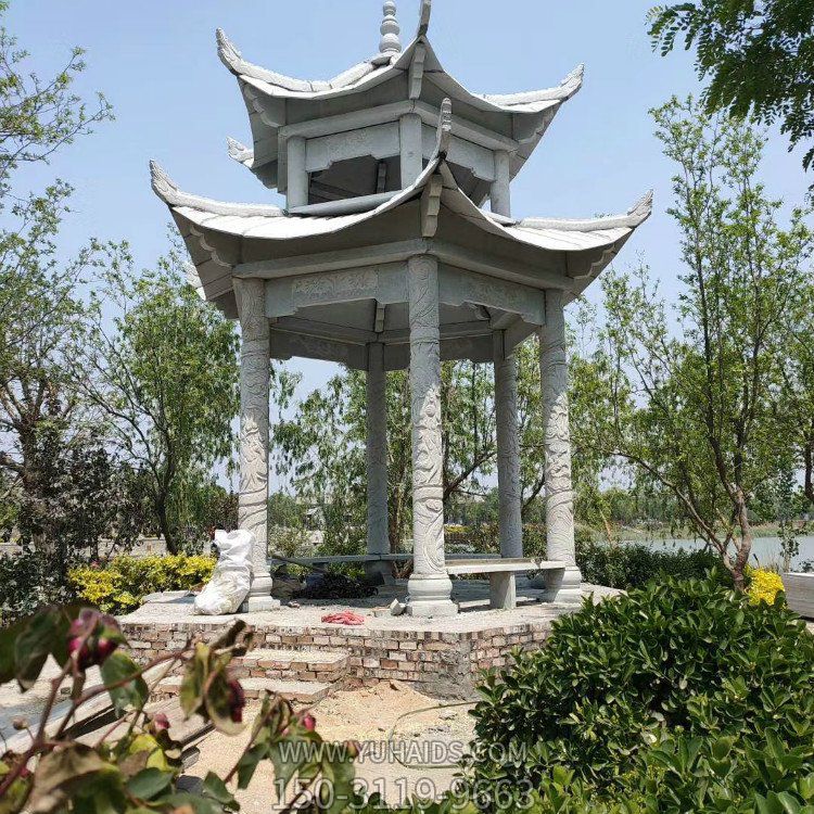 花岗岩石雕凉亭，双层高凉亭雕塑
