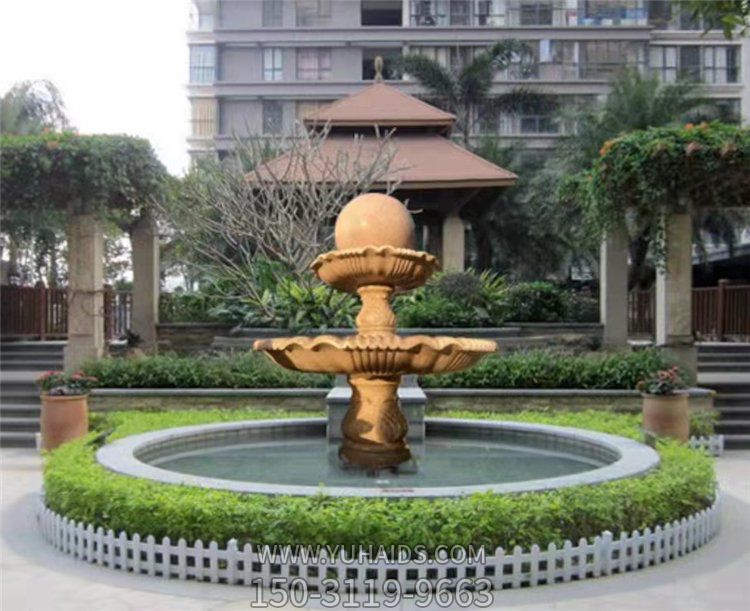 晚霞红石雕园林别墅小区风水球流水摆件喷泉雕塑