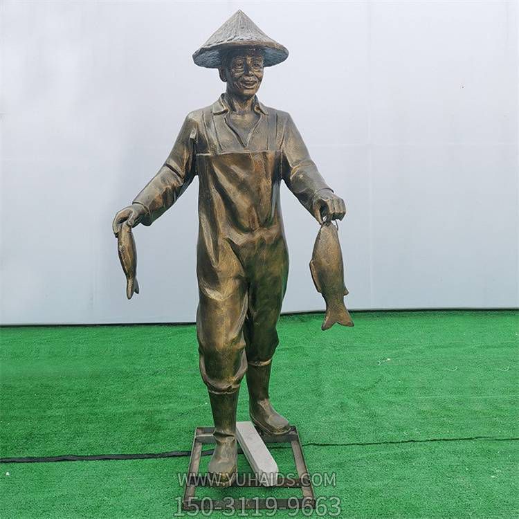 仿铜玻璃钢渔民人物雕塑户外公园民俗渔文化打渔摆件