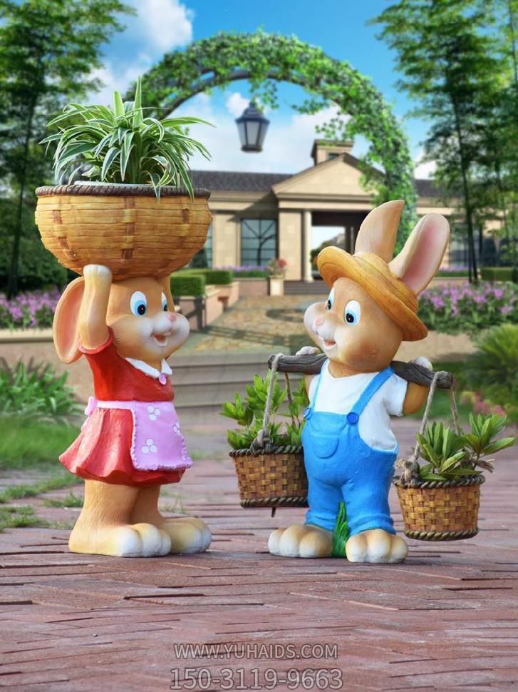 公园大型仿真动物景观举着花盆的兔子雕塑