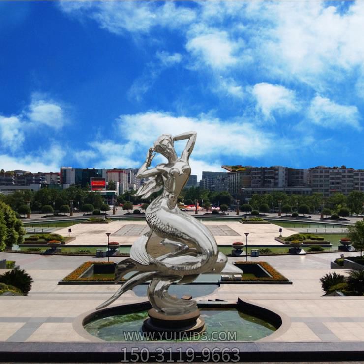 广场水池喷泉摆放不锈钢镜面抽象美人鱼雕像雕塑