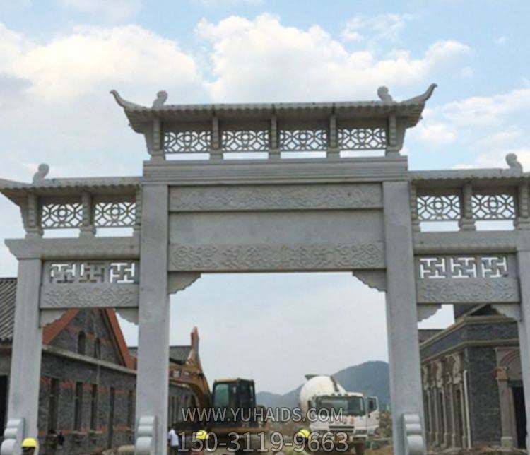 古镇新中式镂空三门大理石牌坊石雕雕塑