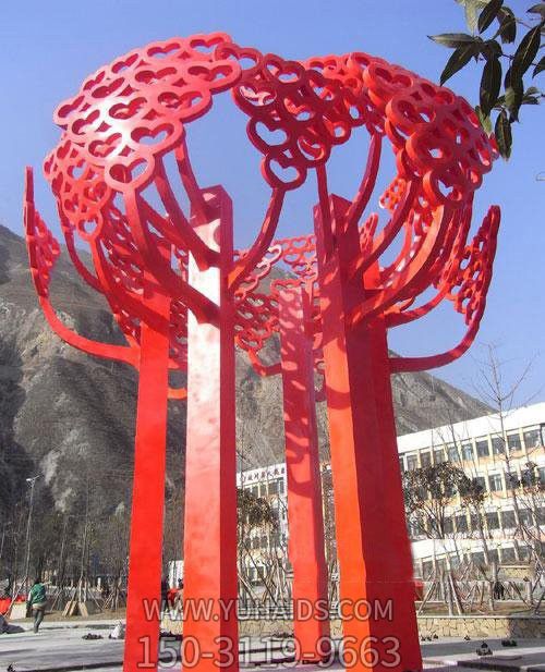别墅景区不锈钢抽象心形树叶大树雕塑