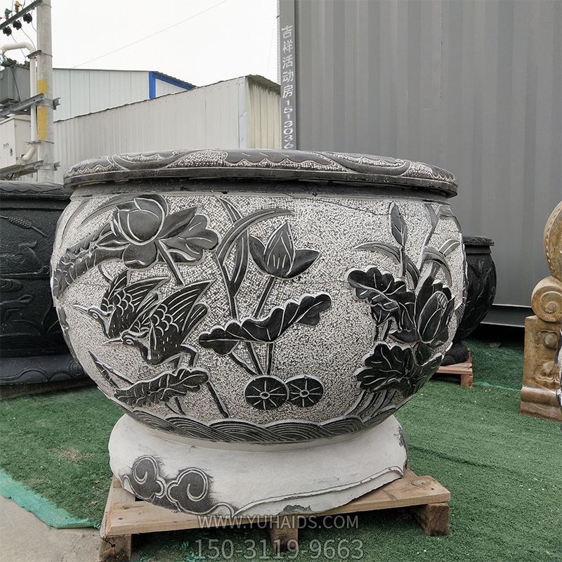 青石仿古石雕园林庭院浮雕莲花缸雕塑