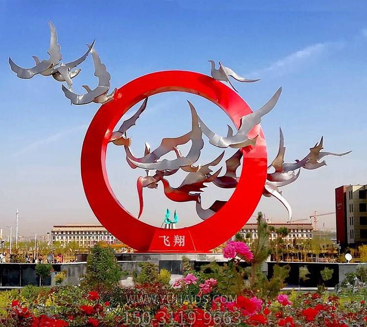 城市广场不锈钢喷漆圆环白鸽飞翔主题小品雕塑