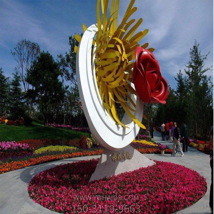 姊妹并艳，不锈钢创意玫瑰花、菊花景观雕塑