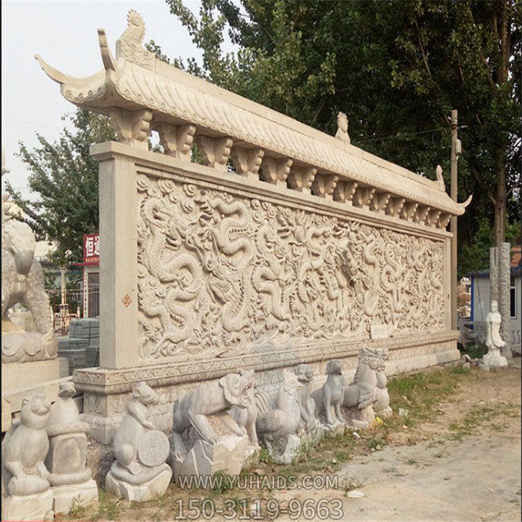 芝麻白仿古做旧浮雕九龙壁影门口摆件雕塑