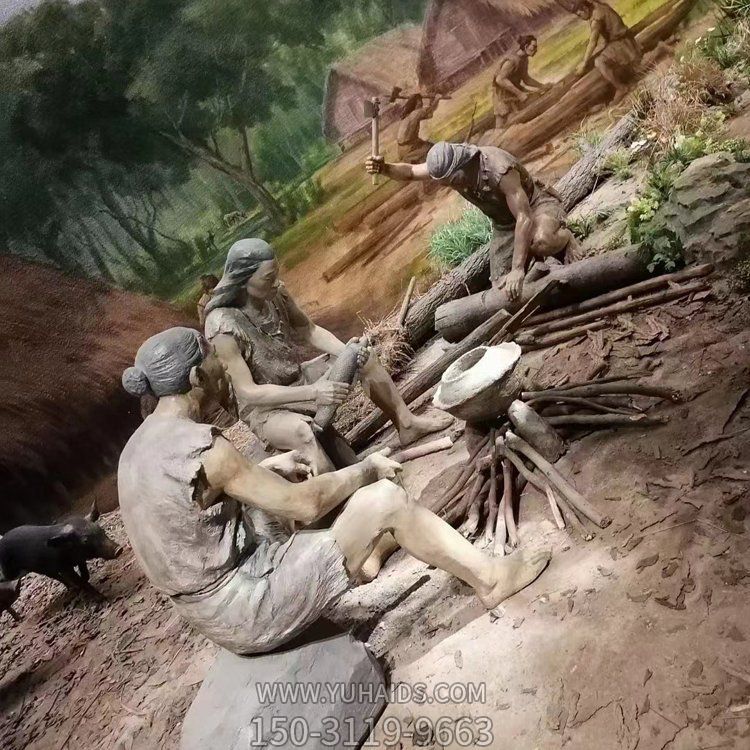 景点展厅摆放玻璃钢原始人做饭生活场景雕塑