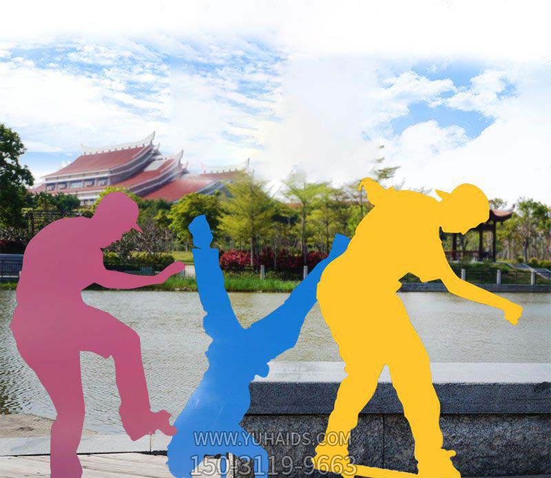 彩色不锈钢剪影滑板雕塑
