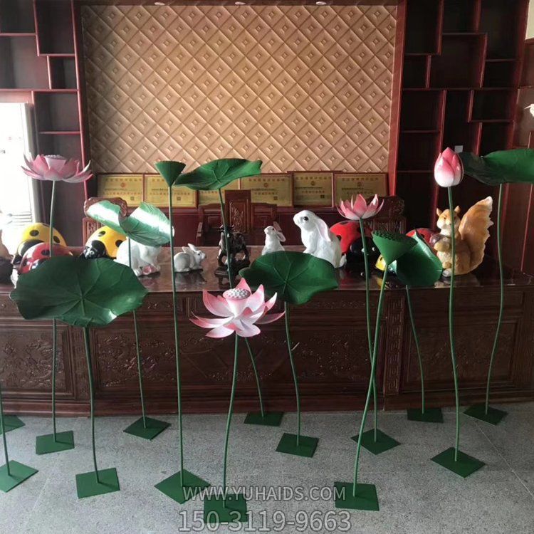 别墅酒店水景摆件不锈钢彩绘爱莲景观雕雕塑