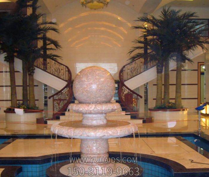酒店室内景观晚霞红风水球喷泉石雕雕塑