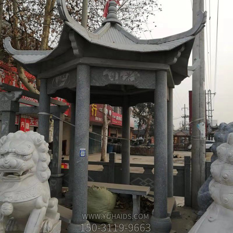 芝麻黑寺庙户外摆放六角古建休闲凉亭雕塑