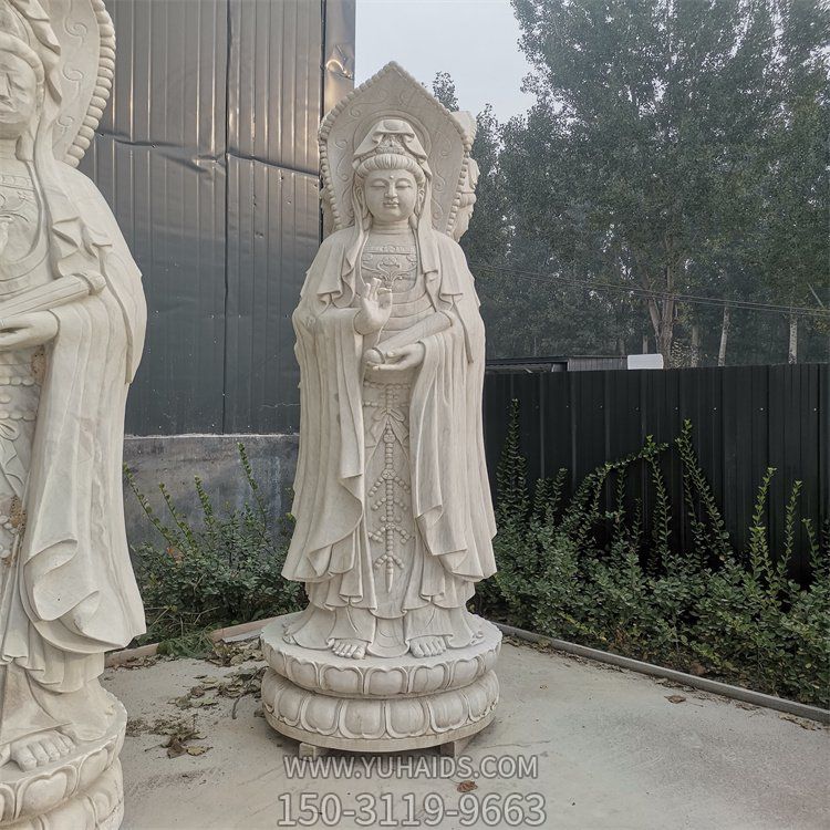 景区寺庙摆放大型天然汉白玉浮雕三门观音雕像雕塑