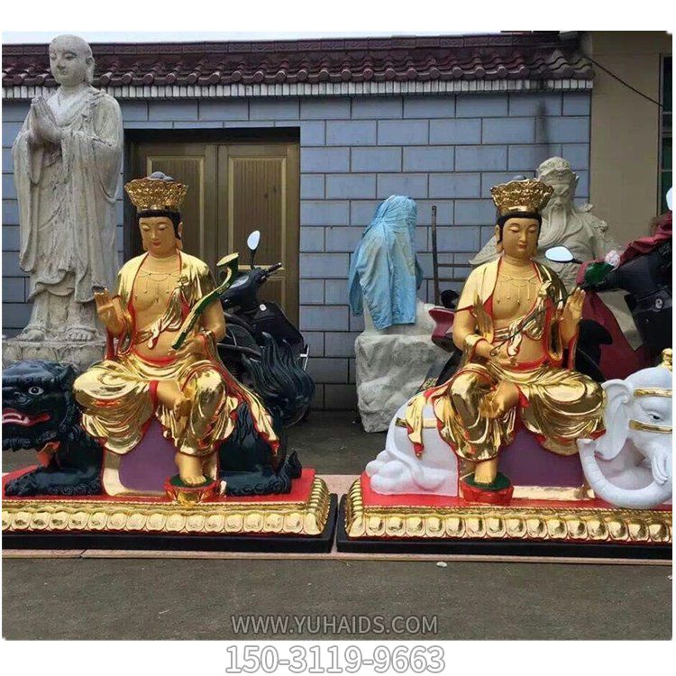 园林景区大型玻璃钢彩绘贴金文姝普贤雕塑