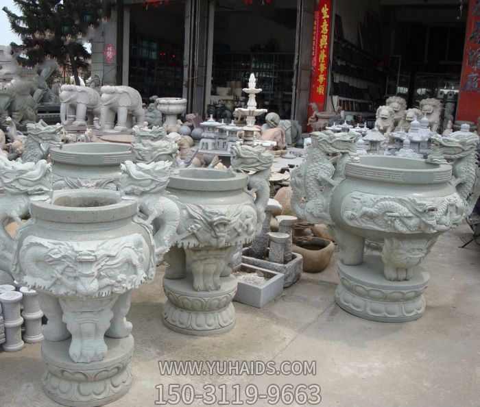 寺庙景观龙头石雕水缸雕塑