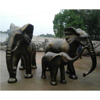 玻璃钢仿铜大象一家三口公园草坪雕塑小品