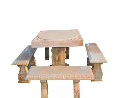园林景观晚霞红欧式长桌凳石雕