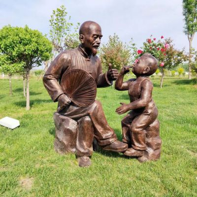爷爷和孙子，民俗人物情景雕塑