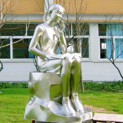 校园操场不锈钢镜面抽象看书的人物雕塑