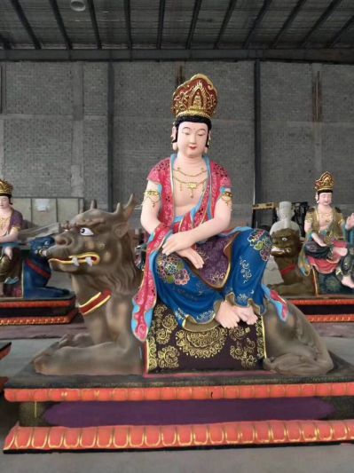 景区玻璃钢坐在神兽上的菩萨文殊普贤雕塑