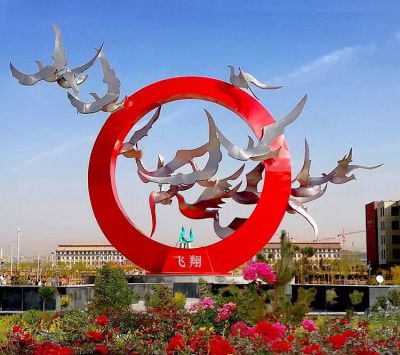 城市广场不锈钢喷漆圆环白鸽飞翔主题小品雕塑