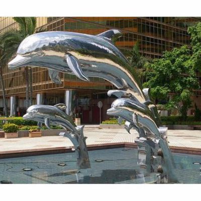 不锈钢镜面广场喷泉水景海豚雕塑