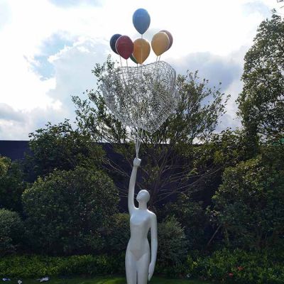 创意玻璃钢抽象人拿气球小品园林景观雕塑