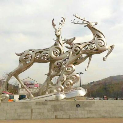 商场园林广场大型不锈钢抽象镂空梅花鹿雕塑