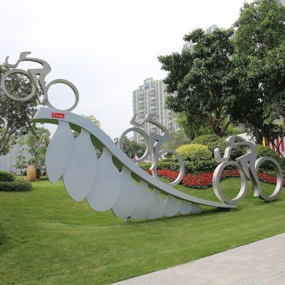 公园草地不锈钢抽象骑车运动人物雕塑
