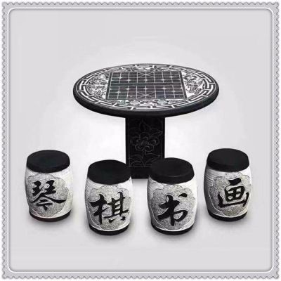 仿古做旧青石石雕棋盘格石桌石凳雕塑