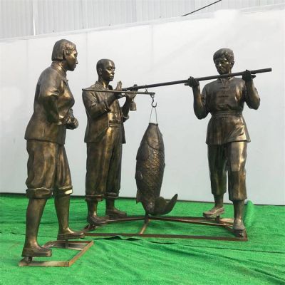 玻璃钢仿铜渔夫人物捕鱼雕塑收鱼文化民风民俗摆 件