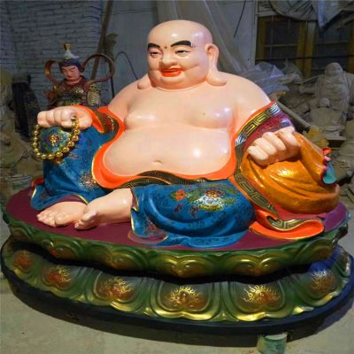 大型户外寺庙玻璃钢彩绘坐着的弥勒佛雕塑