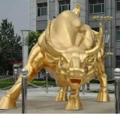 玻璃钢漆金大型华尔街牛雕塑企业广场摆件