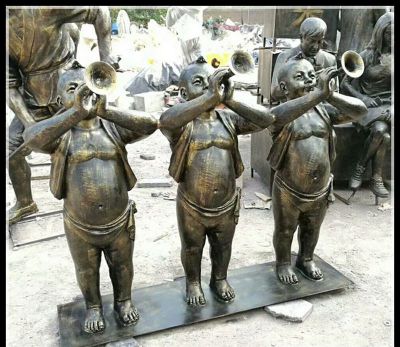 公园吹唢呐的儿童铜雕吹奏雕塑