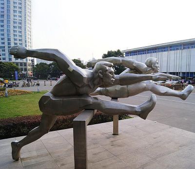广场公园不锈钢切面跨栏运动比赛人物雕塑