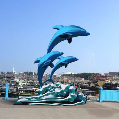 景区三只蓝色不锈钢海豚雕塑