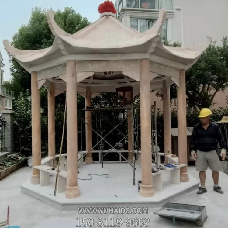 小区花园摆放晚霞红古建筑八角休闲石凉亭雕塑