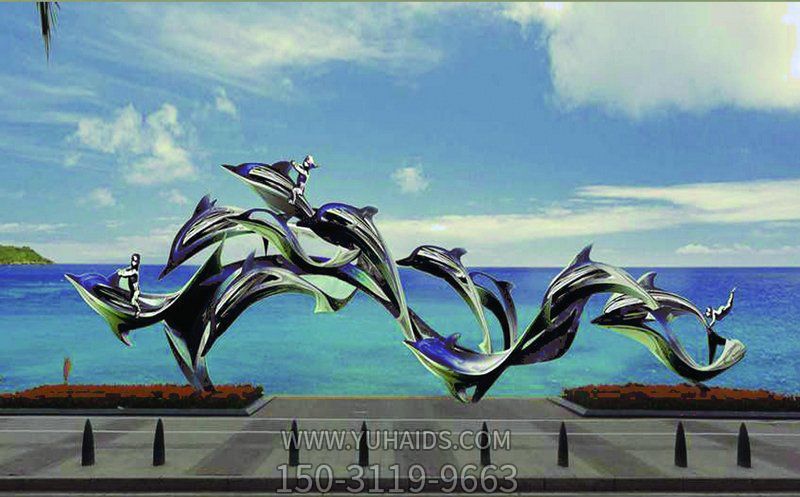 海边一群游来游去的不锈钢海豚雕塑