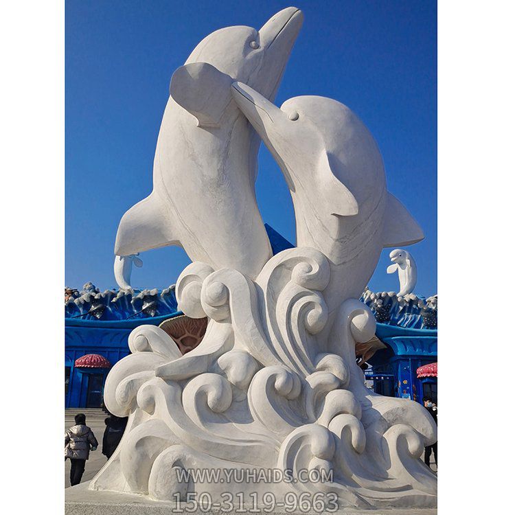 海洋馆广场摆放大型汉白玉雕刻海豚动物景观雕塑