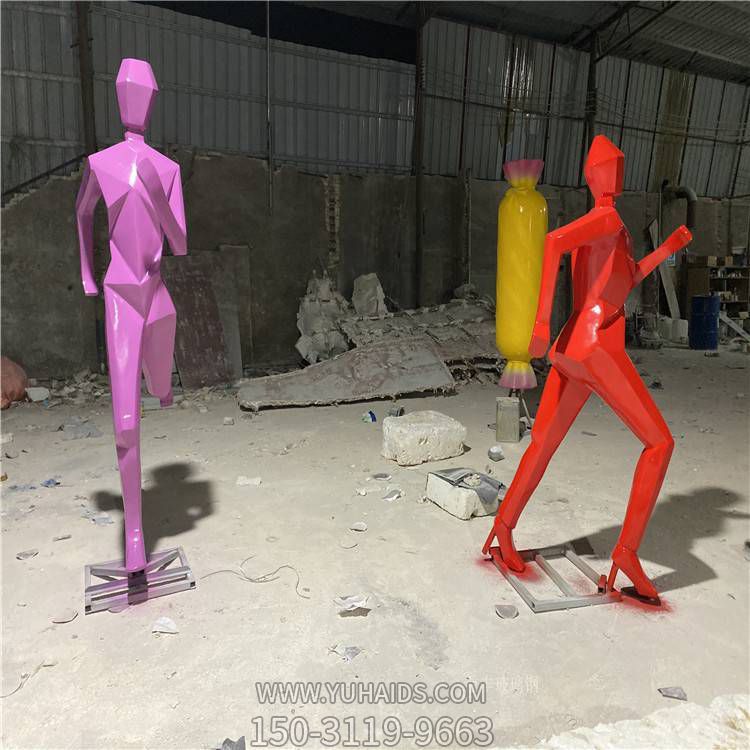 抽象几何不锈钢块面跑步的人物雕塑