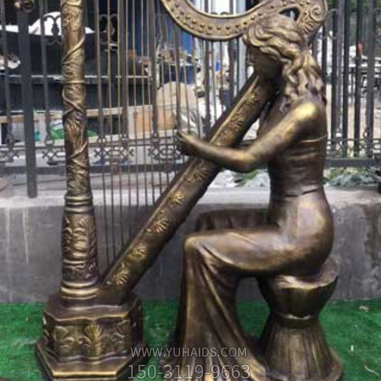 玻璃钢仿铜西方人物演奏竖琴小品广场户外摆件雕塑