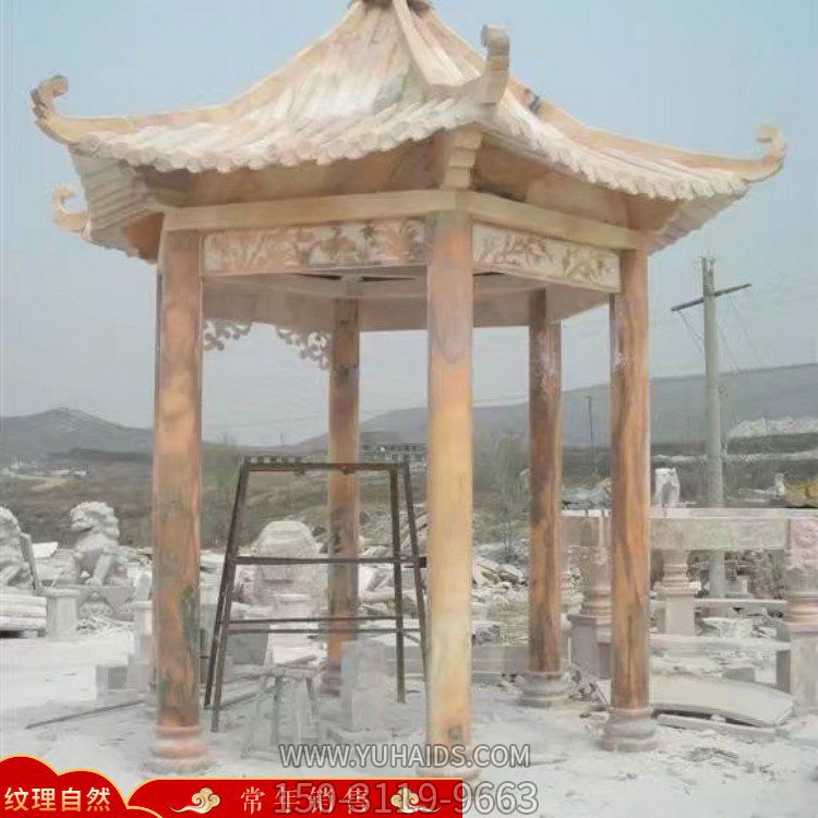户外园林晚霞红石雕凉亭雕塑